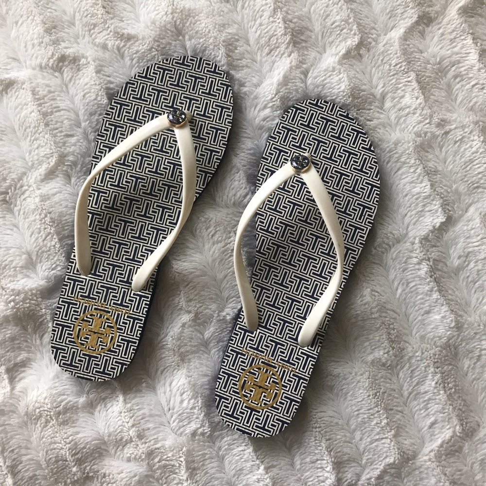 Tory Burch Navy and White Flip Flops